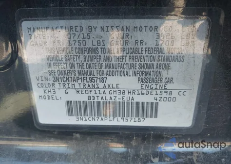 2015 Nissan Versa 1.6 S+ из США, поврежденный, VIN 3N1CN7AP1FL957187